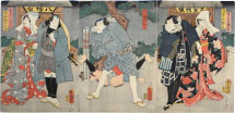 Utagawa Kunisada (Toyokuni III) Actors Ichikawa Shinsha I as Gorobee musume [maiden] Oriu, Nakamura Fukusuke I as Kiyari no Kenzo, Bando Tamasaburo II as Mondo musume [maiden] Osode, and Ichikawa Ichizo III as Kamiyuhi Jinzo