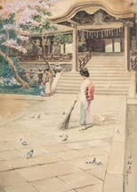  unknown (watercolorist) Japanese Woman Sweeping Temple Path