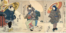 Utagawa Kunisada (Toyokuni III) Nakamura Utaemon IV as Yadoneya Tarobei; Onoe Eizaburo III as Sakuraya no Oyae; and Ichikawa Kuzo II as Isami Miyoshi no Kidai