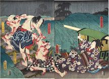 Utagawa Kunisada (Toyokuni III) Onoe Kikujiro II as Geisha Osame, Nakamura Kantaro as Wakaimono Kahei, Nakamura Fukusuke as Kamiyui Hakata Shinshichi, and Nakamura Kozo I as Wakaimono Chushichi
